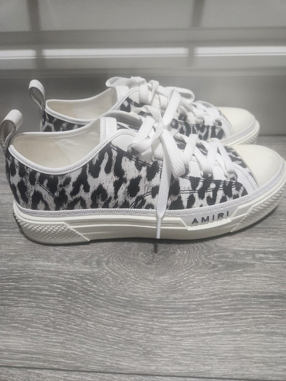 Size 10. Amiri Men's Court Black & White Leopard Print Low-Top Sneakers